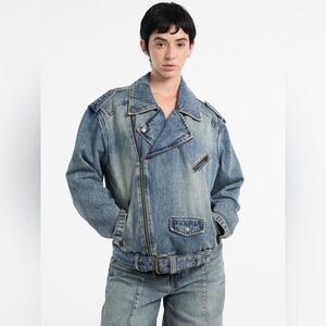 GUESS NWT Originals Denim Moto Jacket Belted Biker Style Gold Hardware, Size S
